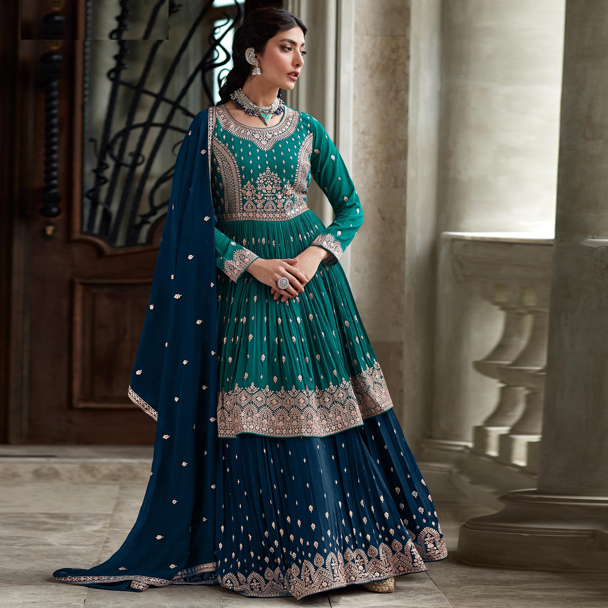 Aqua Blue Floral Sequins Embroidered Georgette Sharara Suit