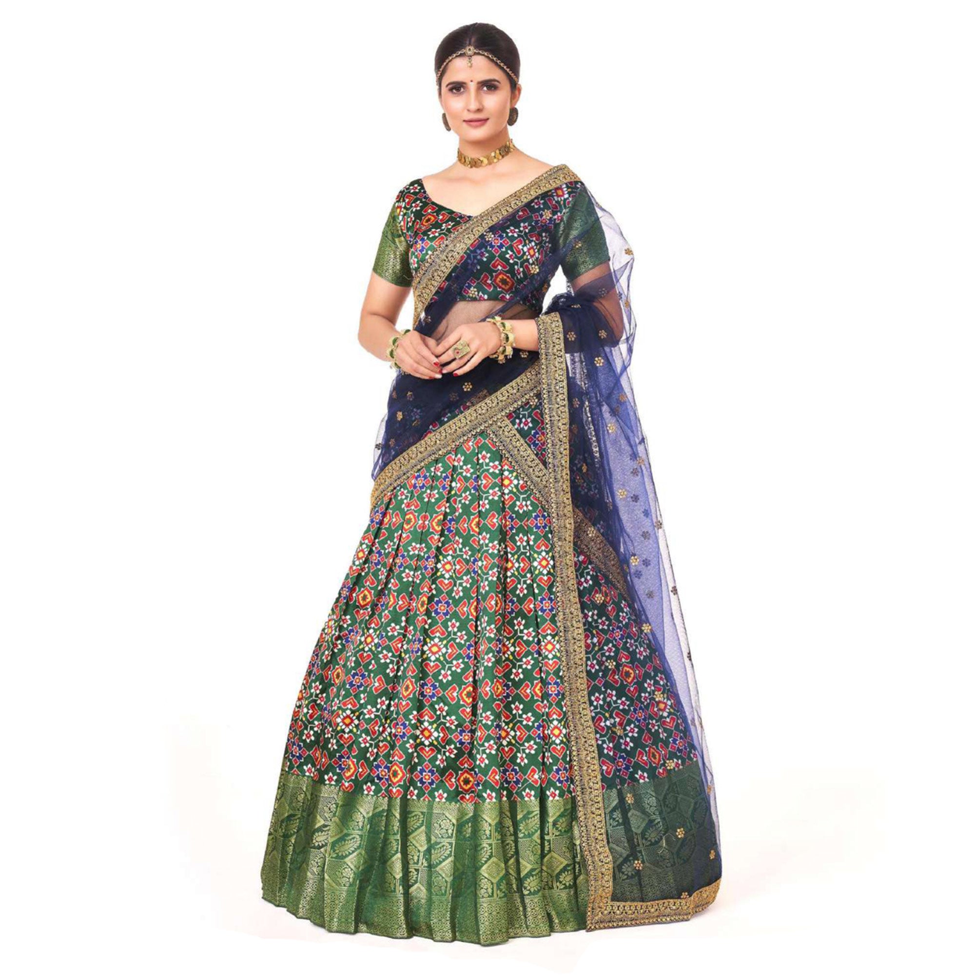 Dark Green Digital Printed With Zari Work Art Silk Lehenga Choli