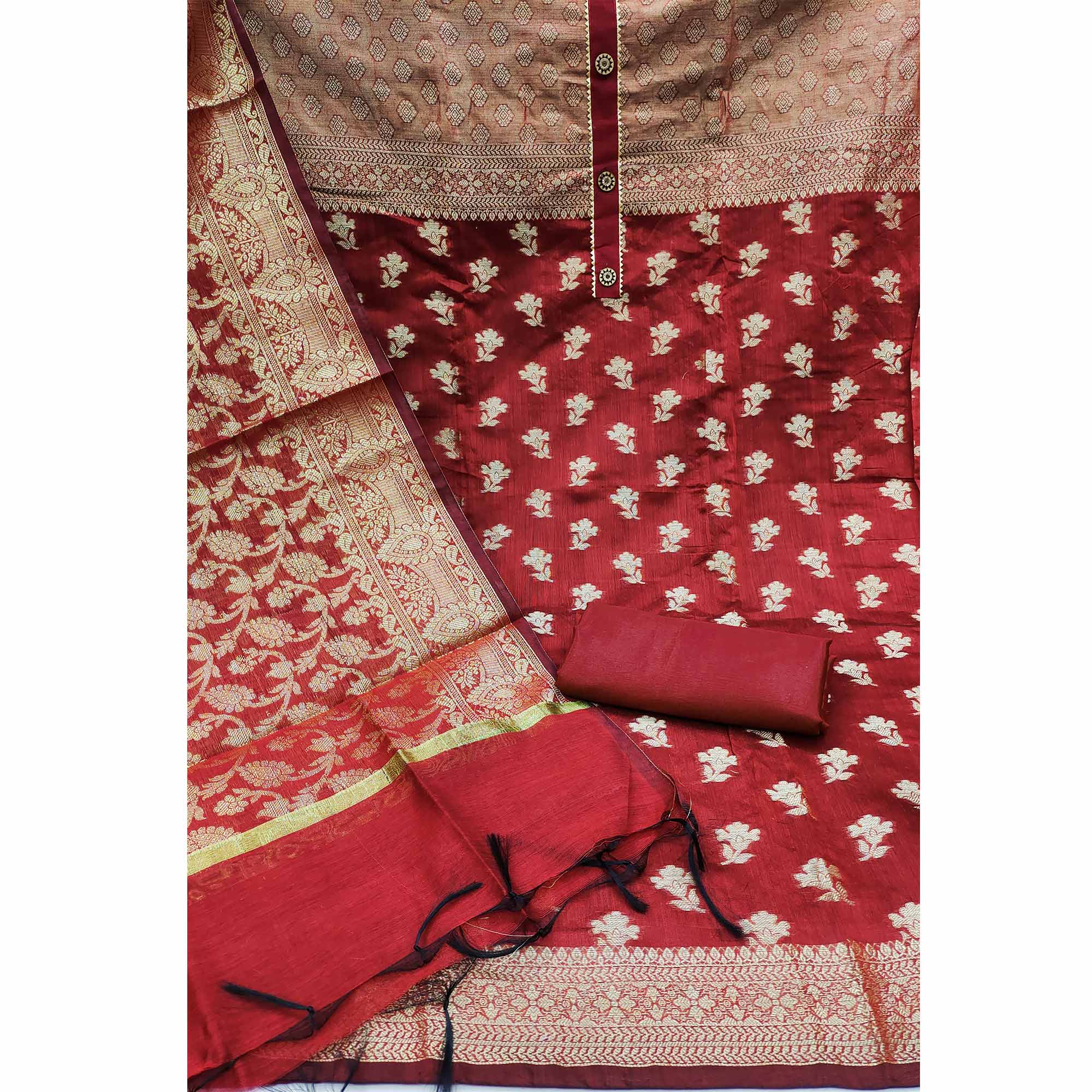 Red Floral Woven Banarasi Silk Dress Material