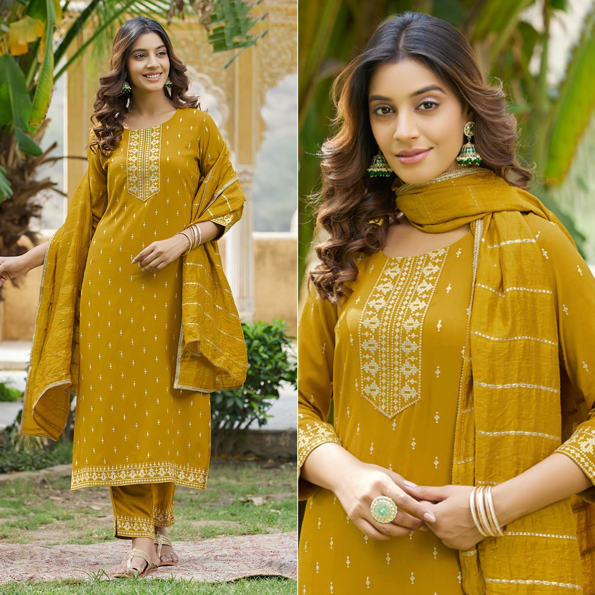 Mustard Embroidered Cotton Salwar Suit