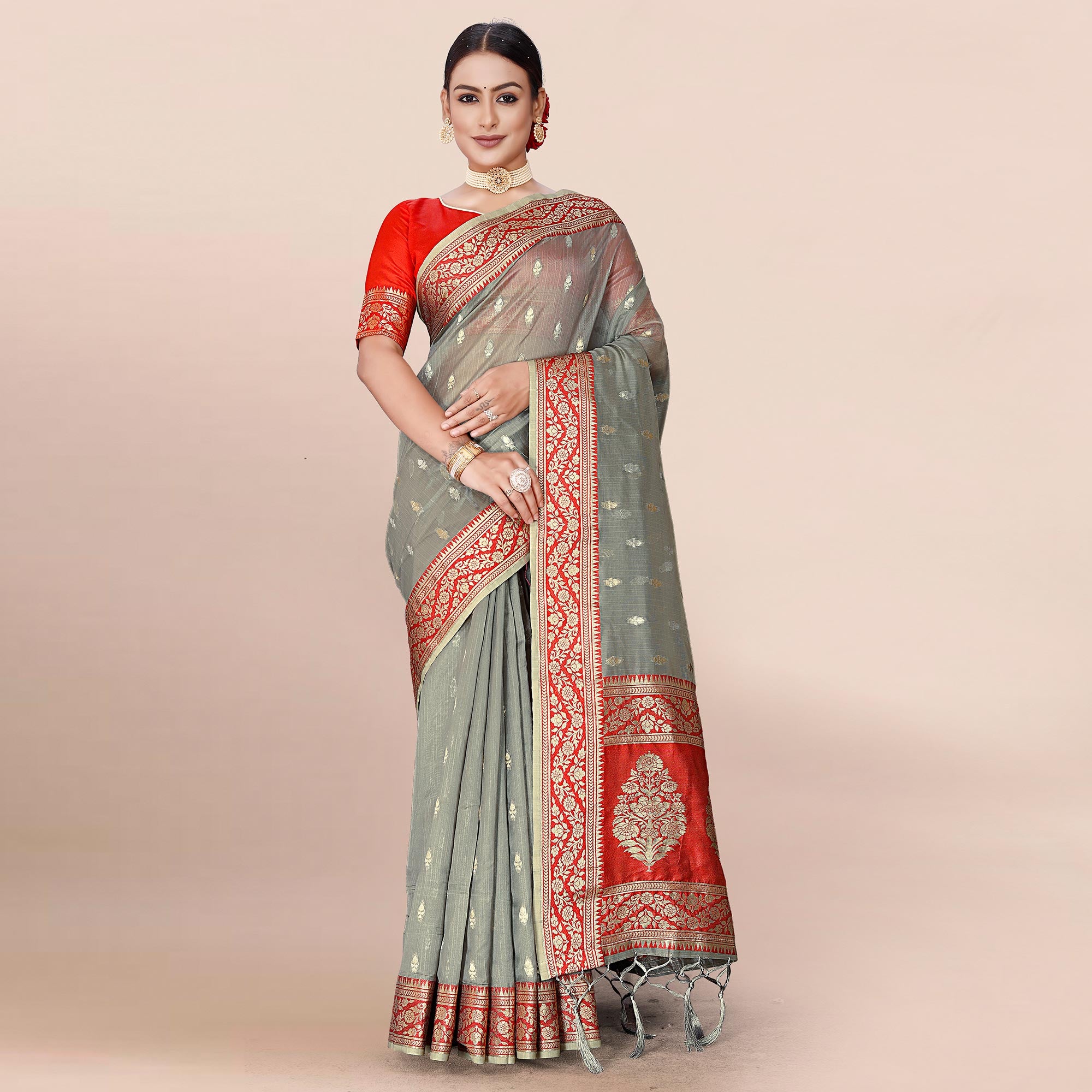 Grey Woven Organza Saree With Tassels