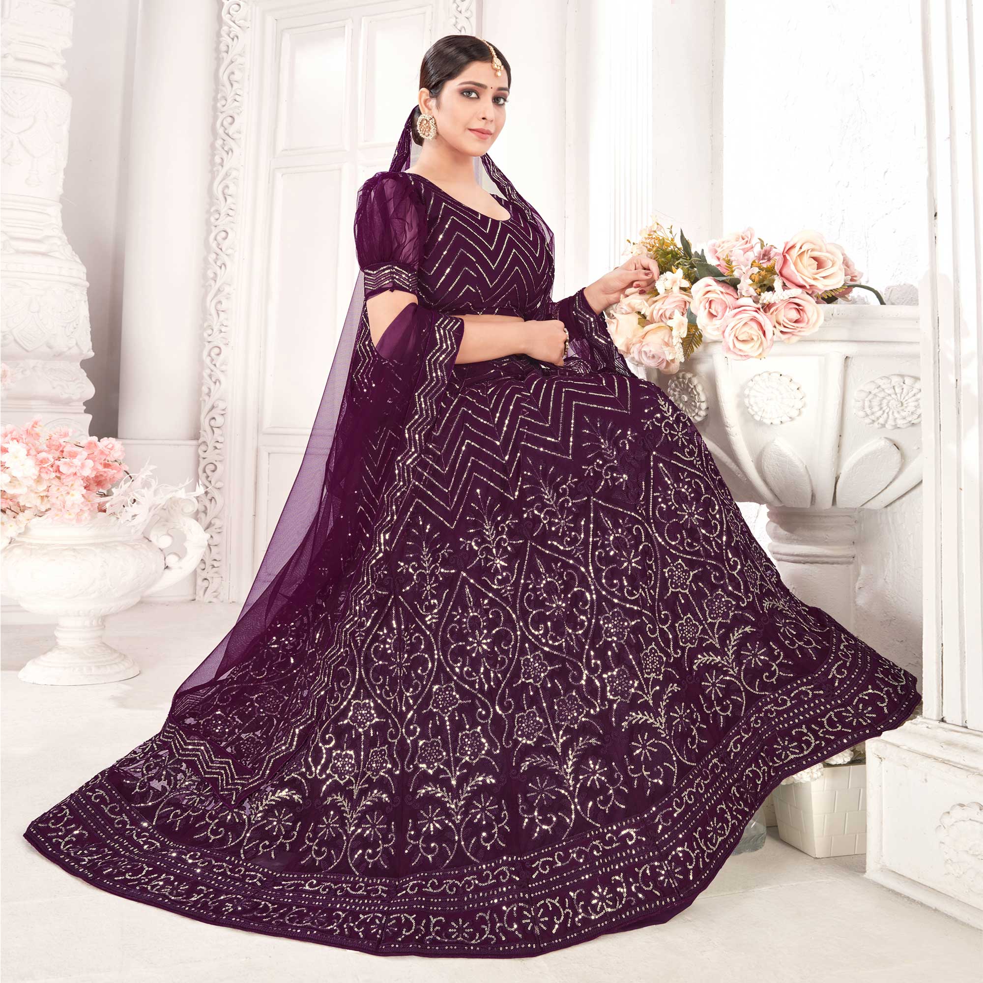 Wine Sequins Embroidered Netted Lehenga Choli