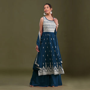 Blue Embroidered Georgette Naira Cut Semi Stitched Palazzo Suit