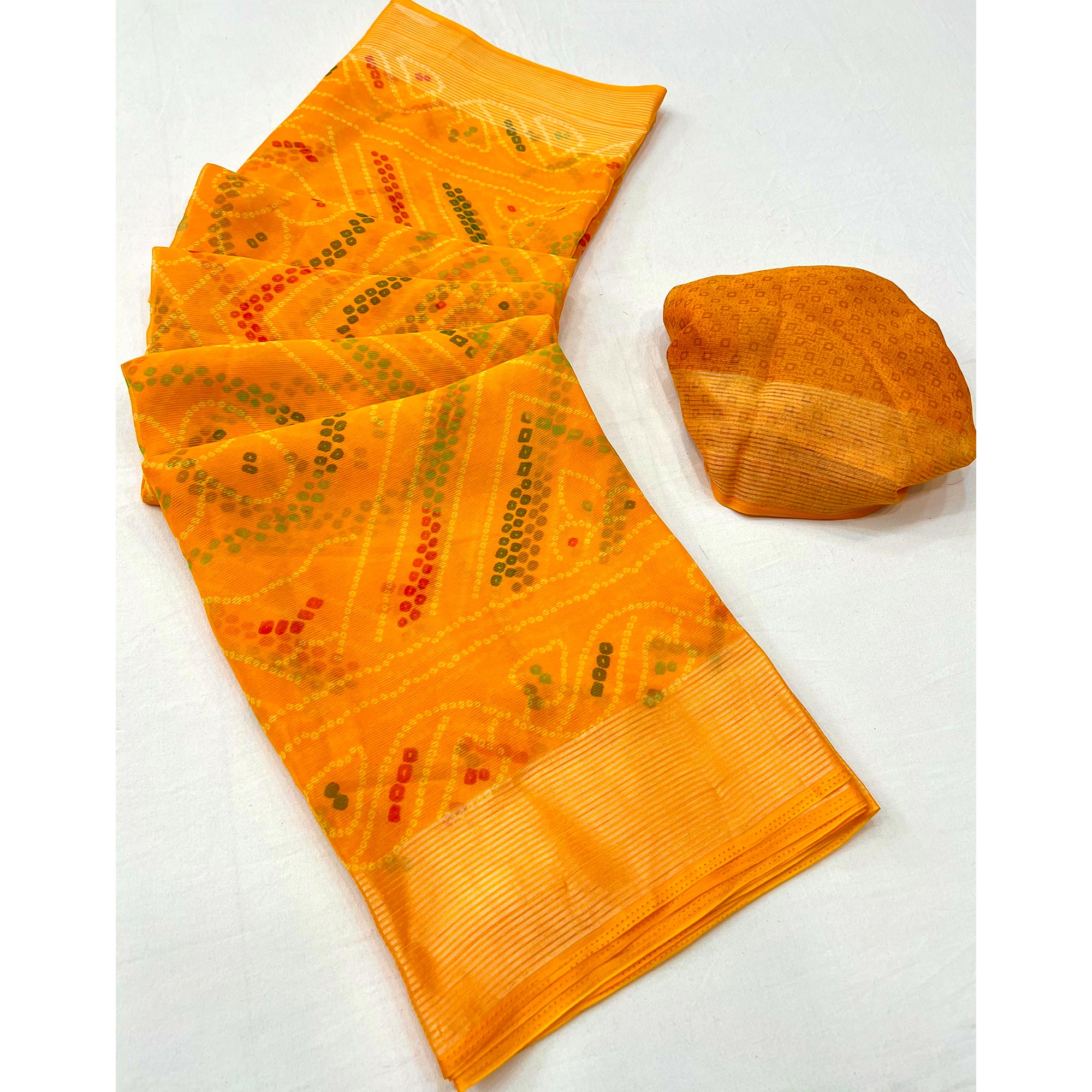 Yellow Bandhani Printed Chiffon Saree