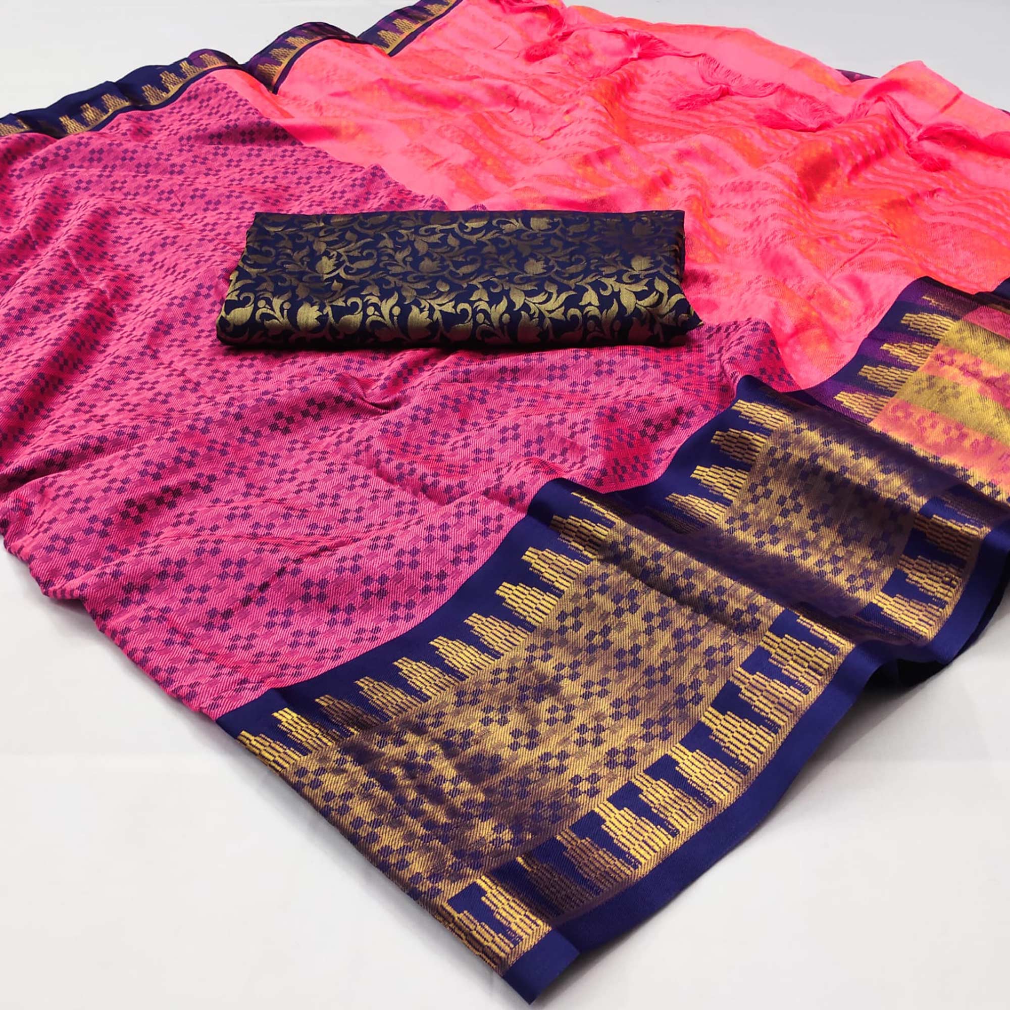 Pink Woven Cotton Silk Saree With Tassels