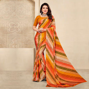 Orange Striped Printed Crepe Saree