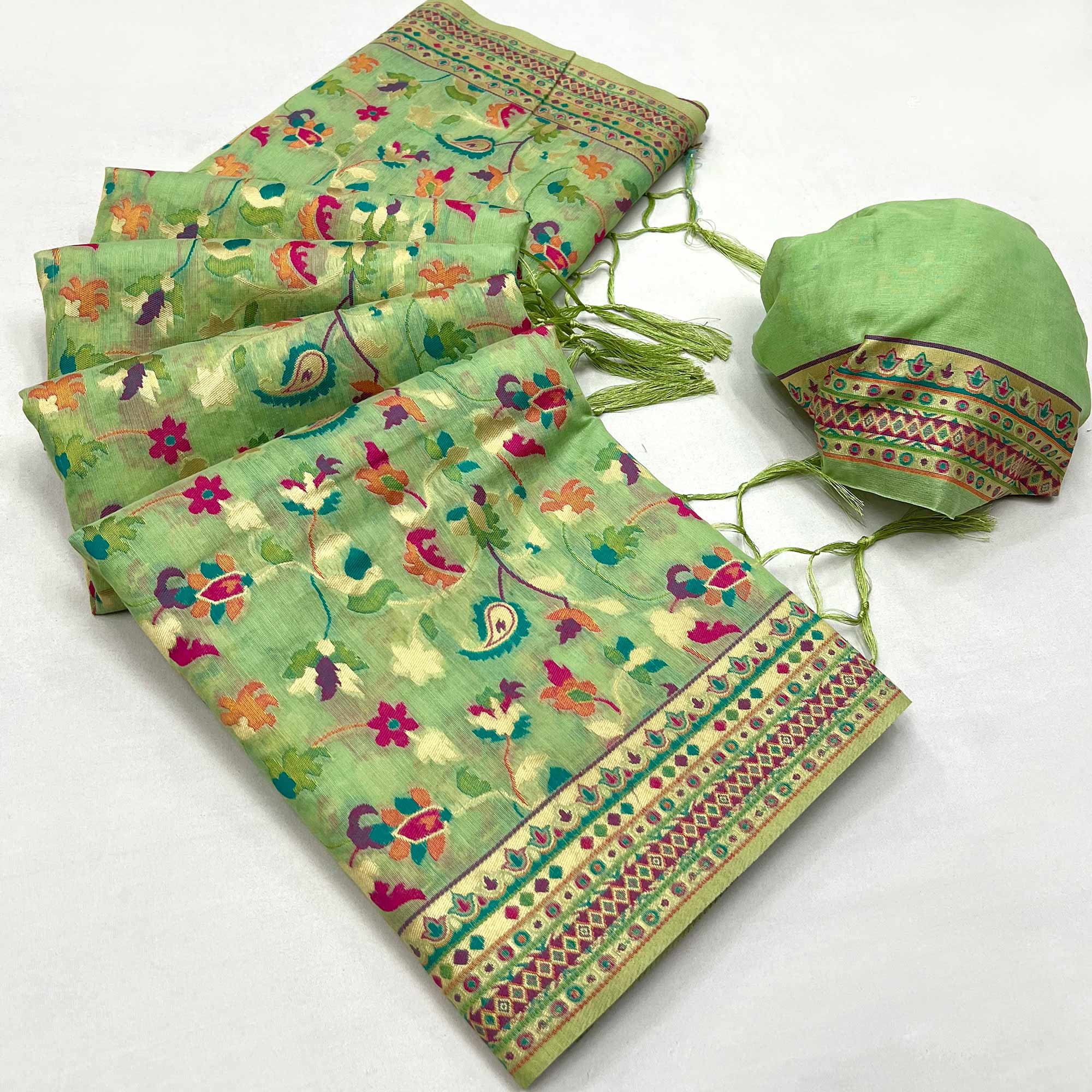 Green Floral Woven Chanderi Saree