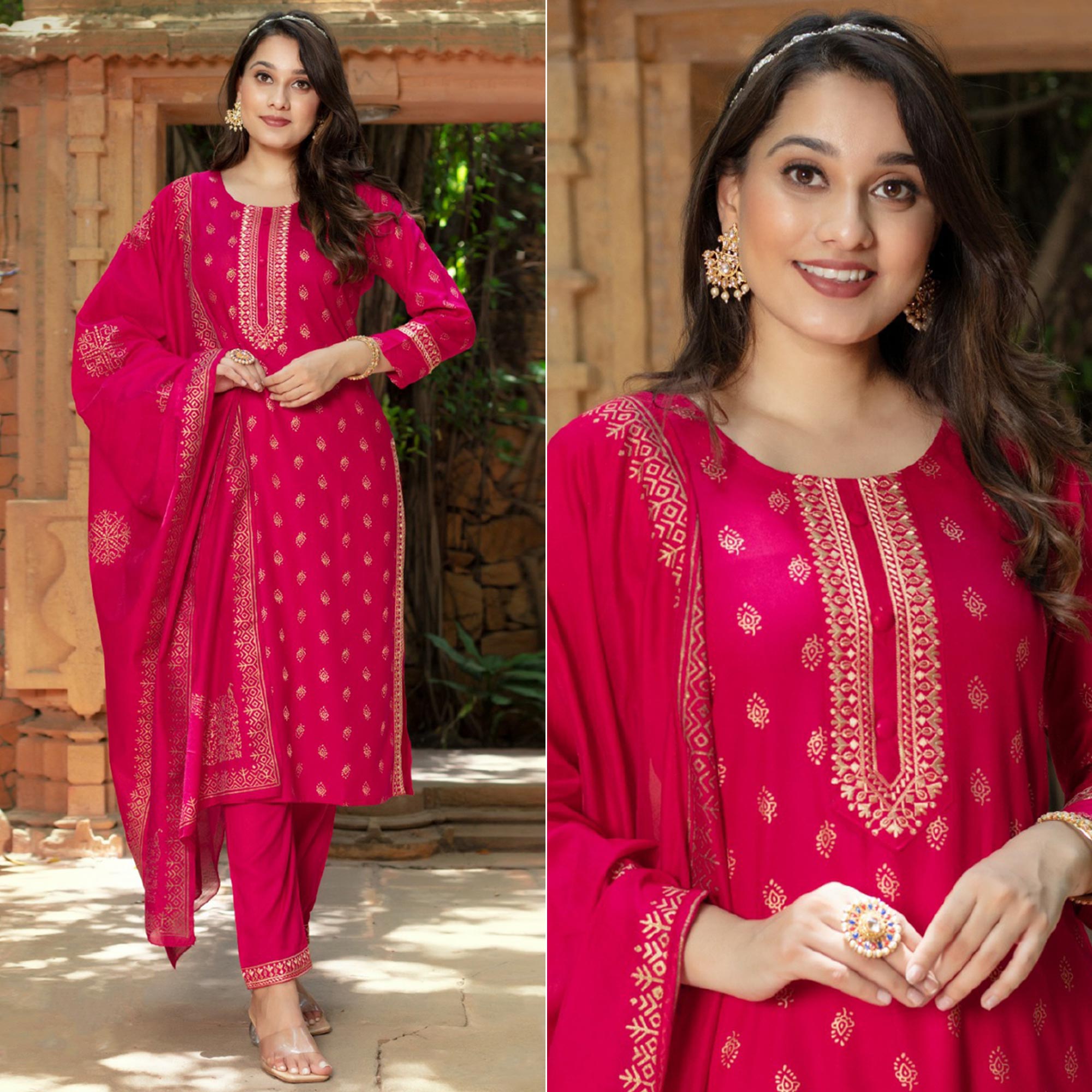 Rani Pink Printed Rayon Salwar Suit