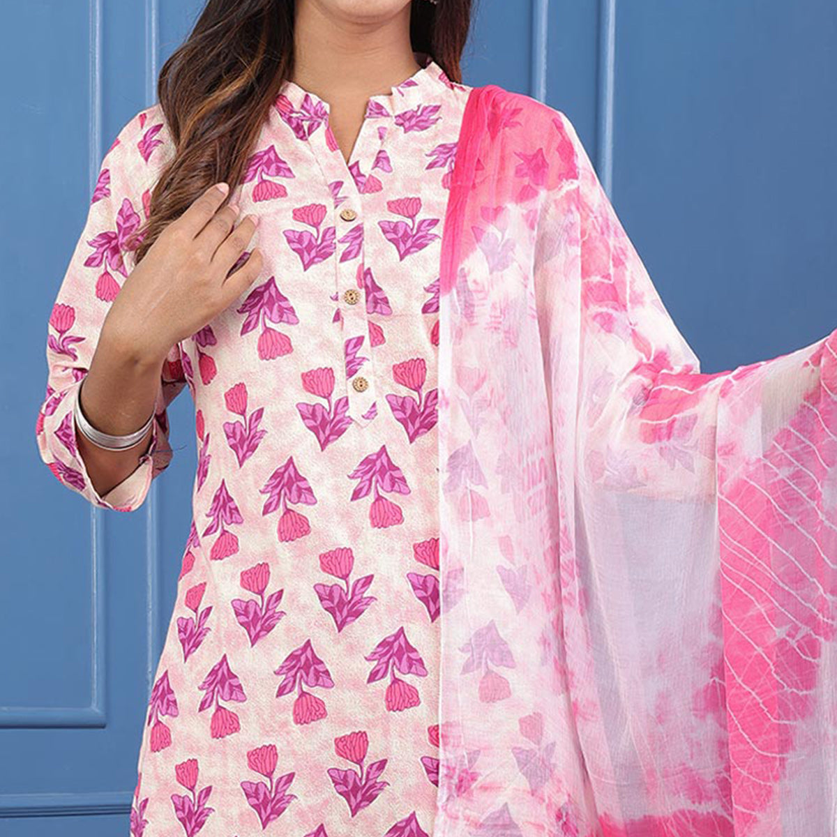 Cream Pink Floral Printed Pure Cotton Suit