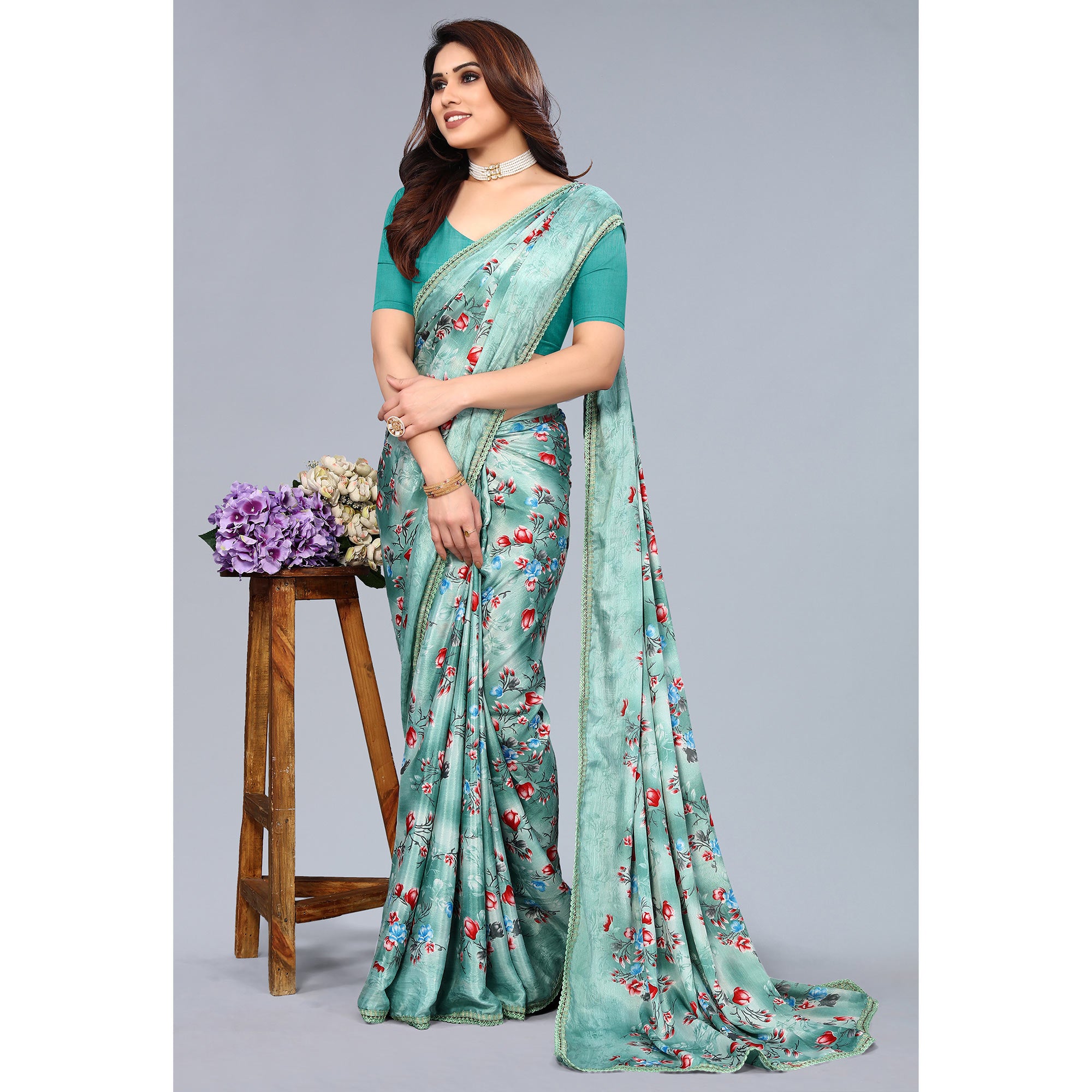 Sea Green Floral Printed Art Silk Saree With Crochet Border