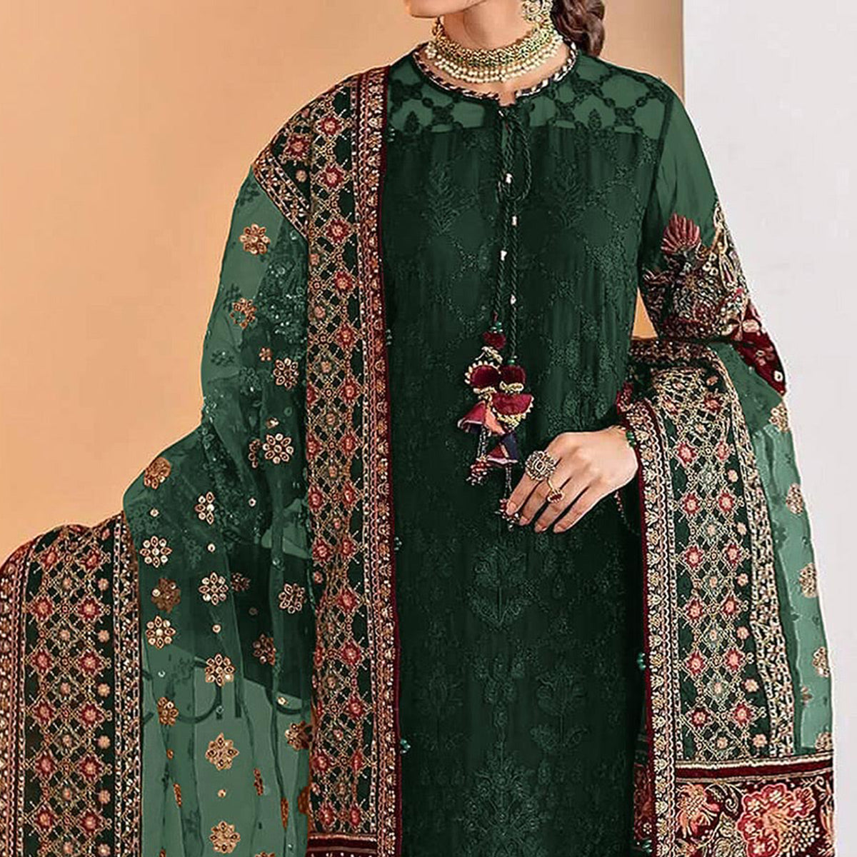 Green Sequins Embroidered Georgette Pakistani Suit