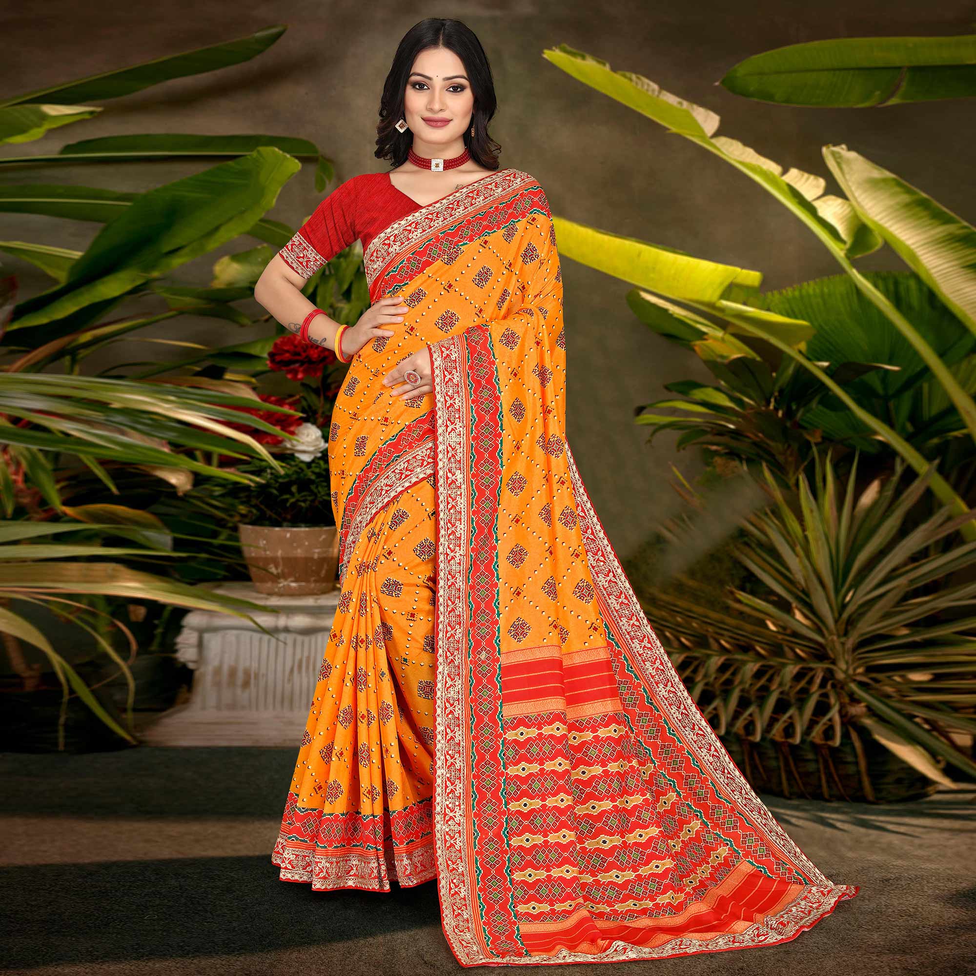 Mustard Digital Print With Sequins Vichitra Silk Saree