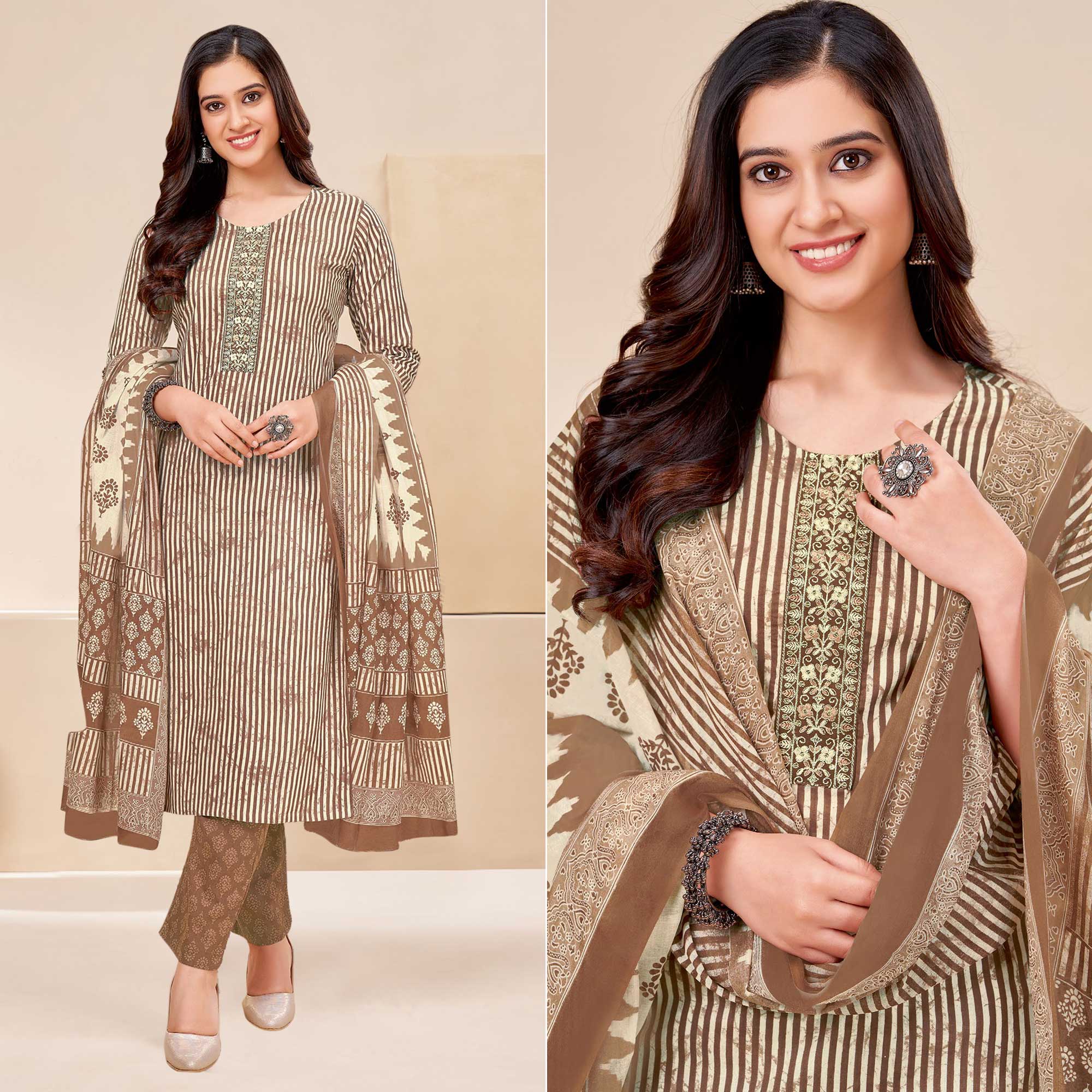 Brown Printed With Tie Embroidered Pure Cotton Suit