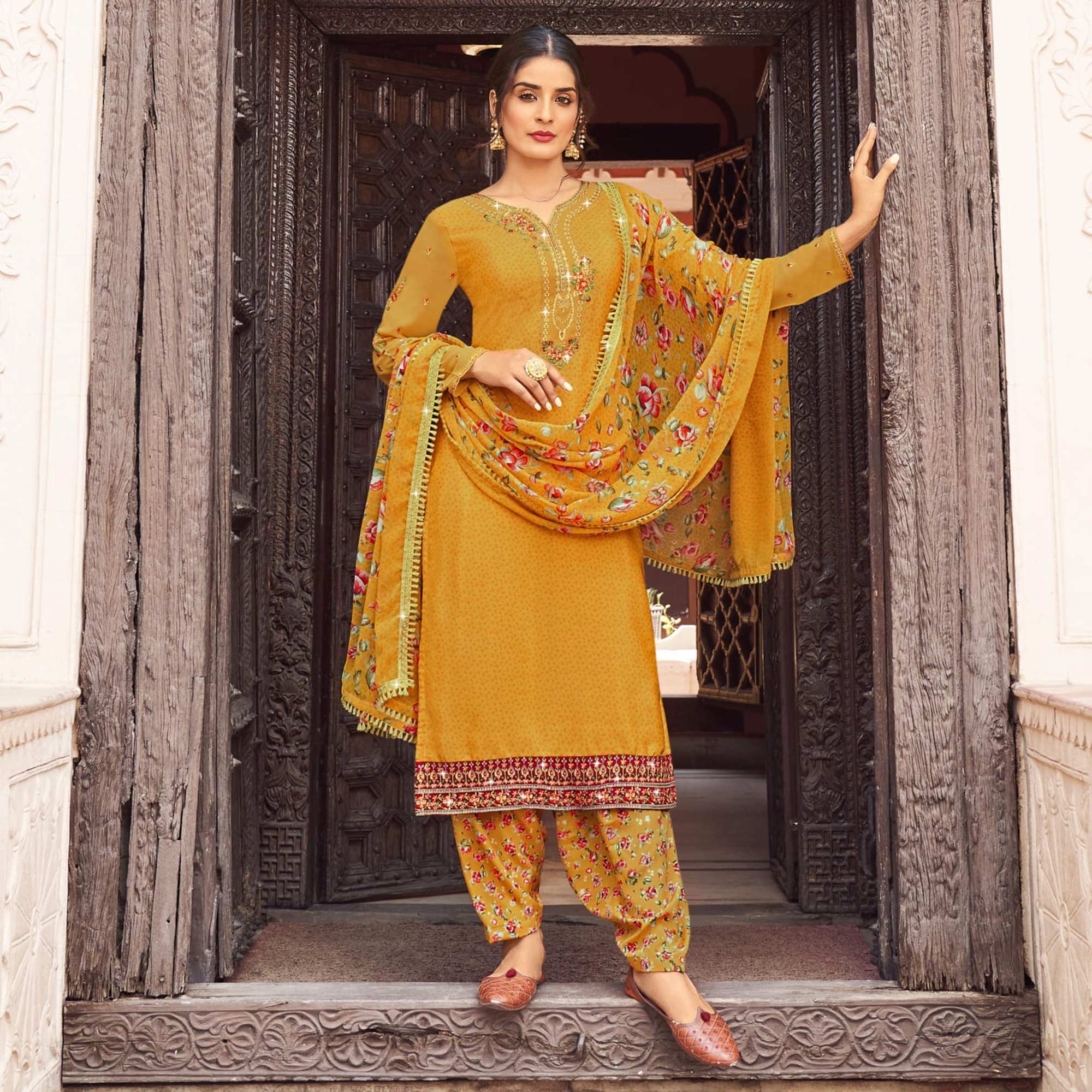Mustard Floral Embroidered Crepe Patiala Suit