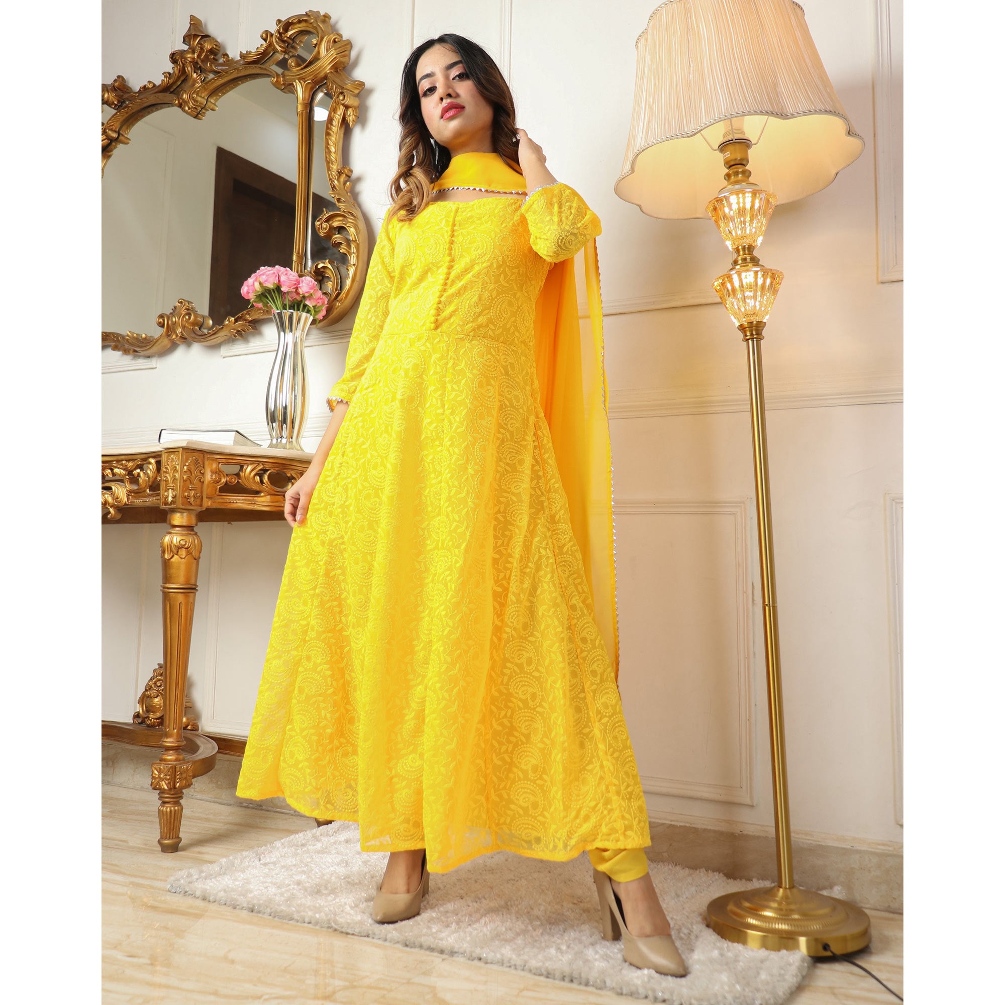 Yellow Chikankari Work Georgette Anarkali Suit