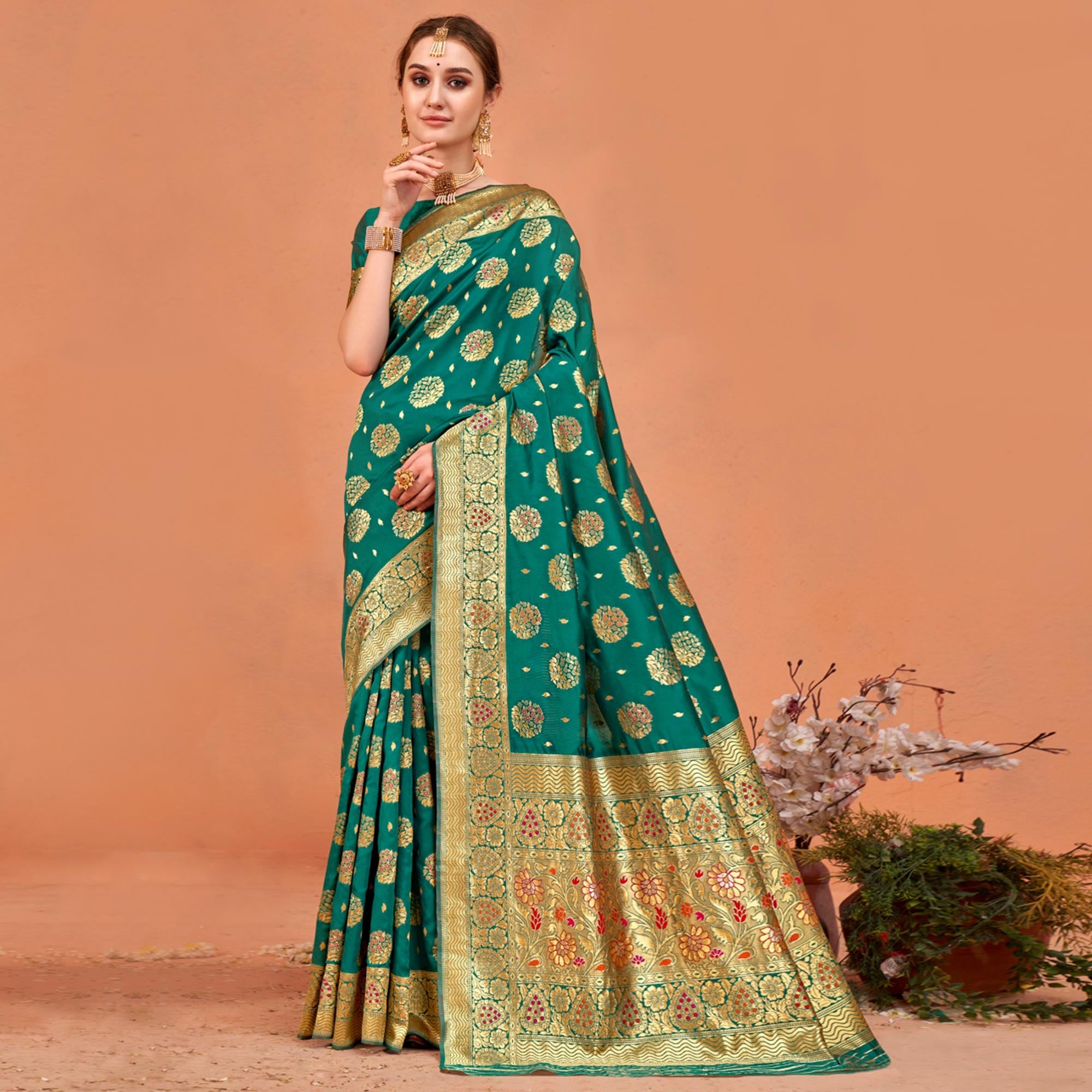 Rama Green Floral Woven Art Silk Saree