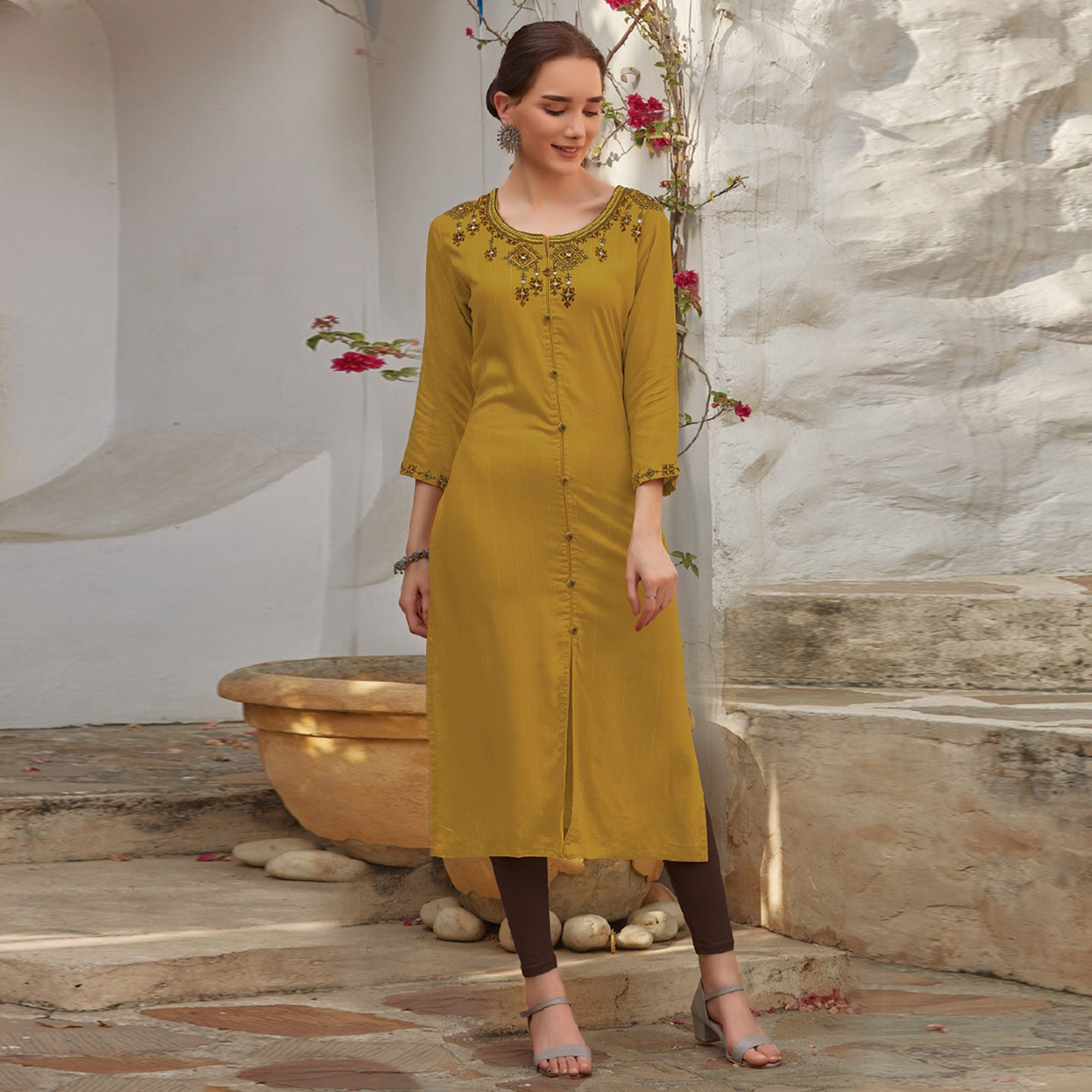 Mustard Floral Embroidered Cotton Blend Kurti