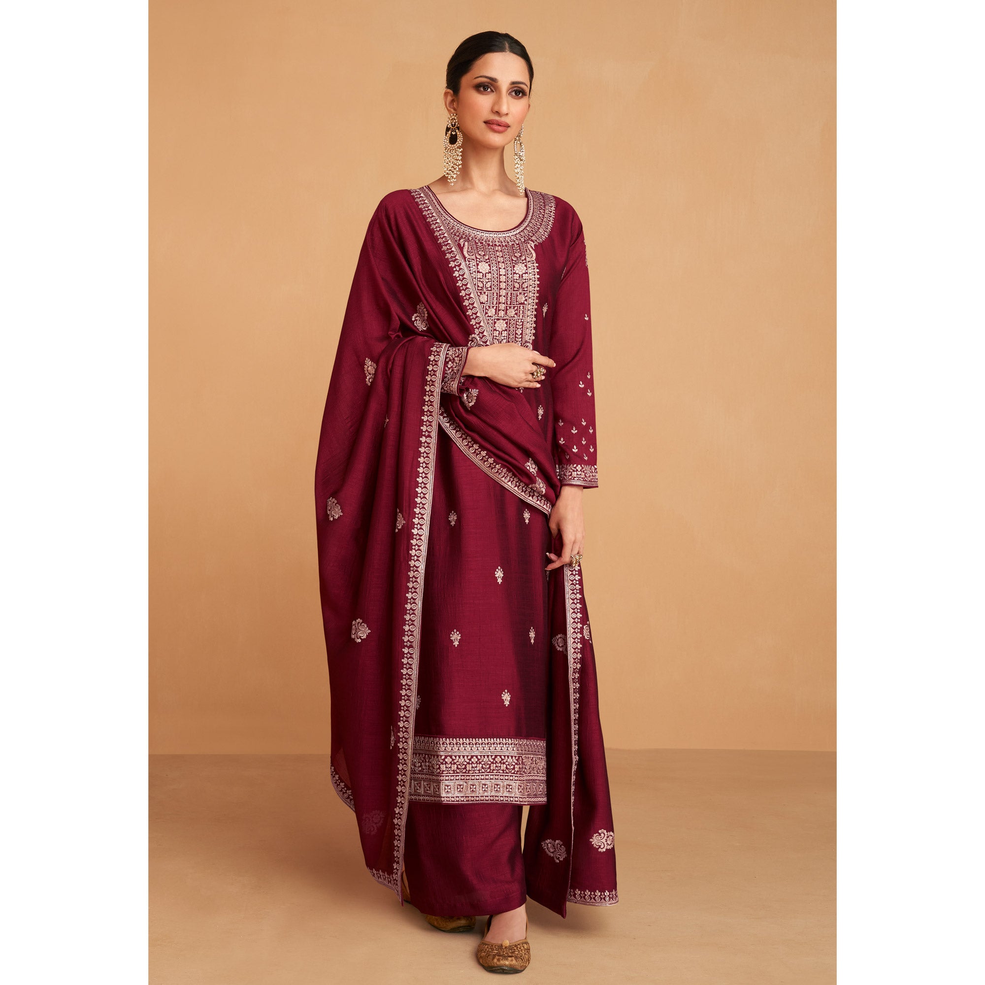 Maroon Embroidered Art Silk Palazzo Suit