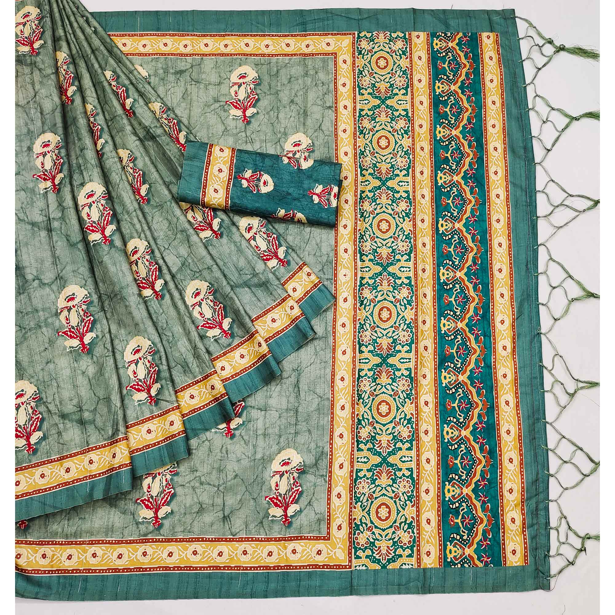 Grey Floral Digital Printed Tussar Silk Saree With Tassels