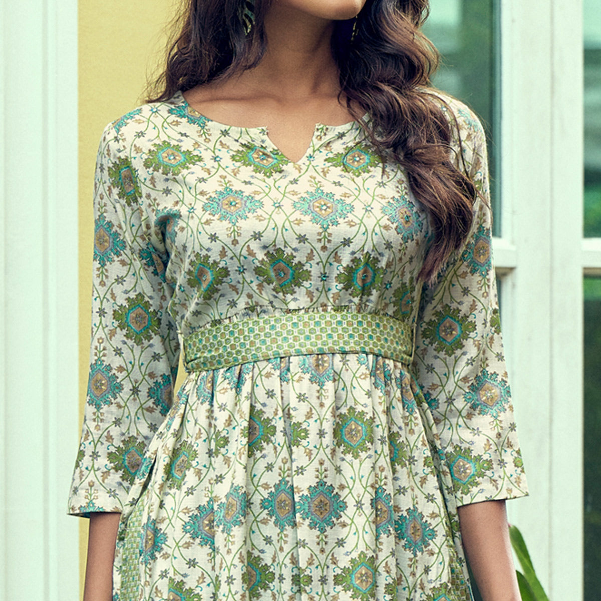 Green Printed With Mirror Work Rayon Naira Cut Suit