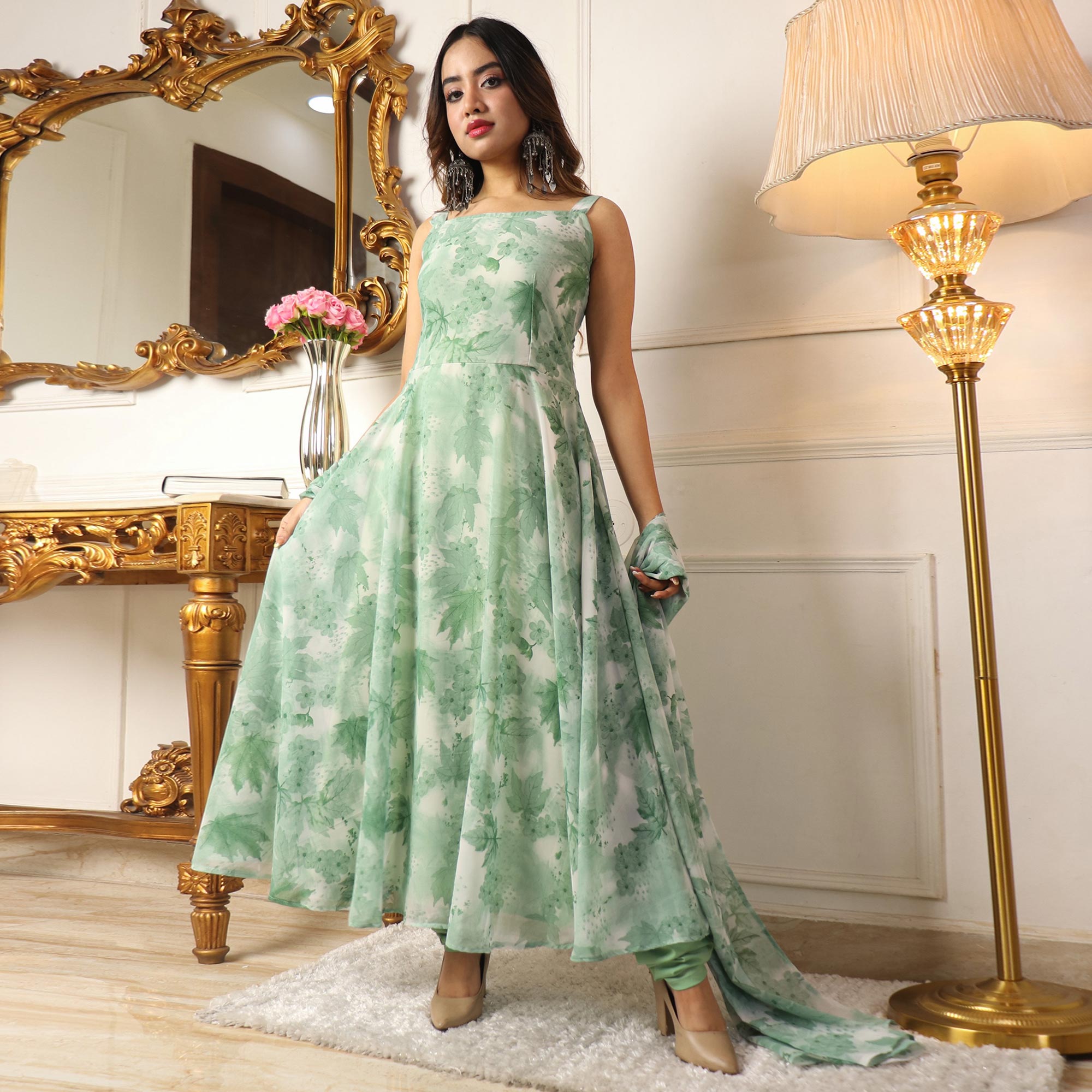 Green Floral Printed Georgette Anarkali Suit