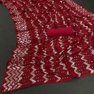 Cherry Red Sequins Embroidered Georgette Saree