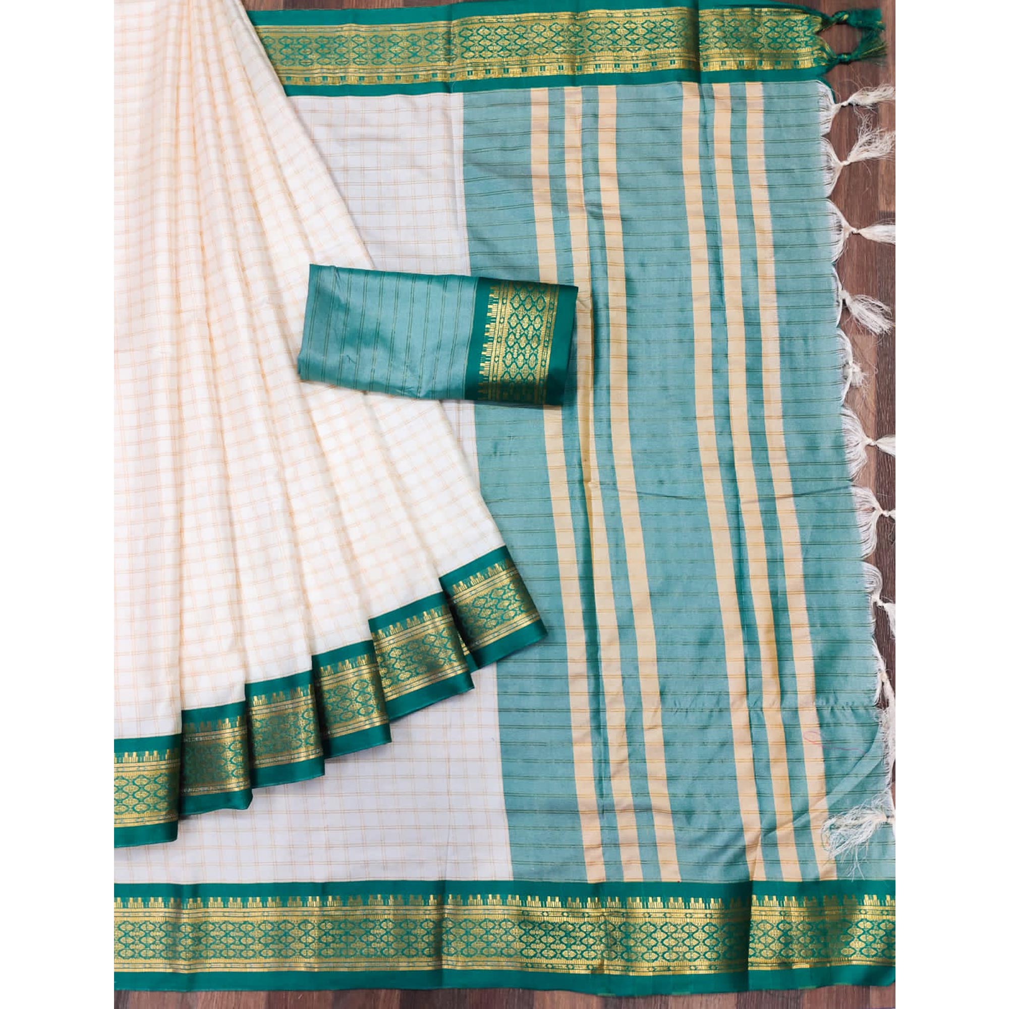 White & Rama Green Checks With Woven Border Cotton Silk Saree