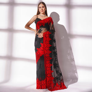 Black Floral Embroidered Net Saree
