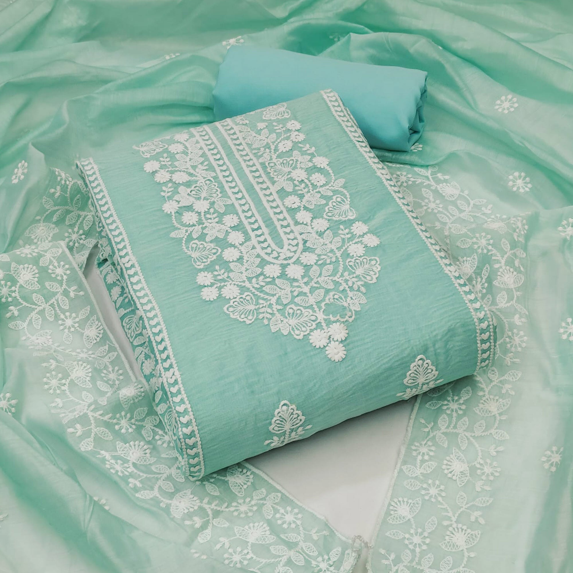 Sea Green Floral Embroidered Chanderi Dress Material