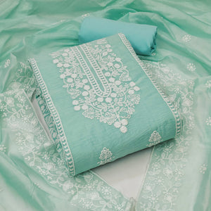 Sea Green Floral Embroidered Chanderi Dress Material