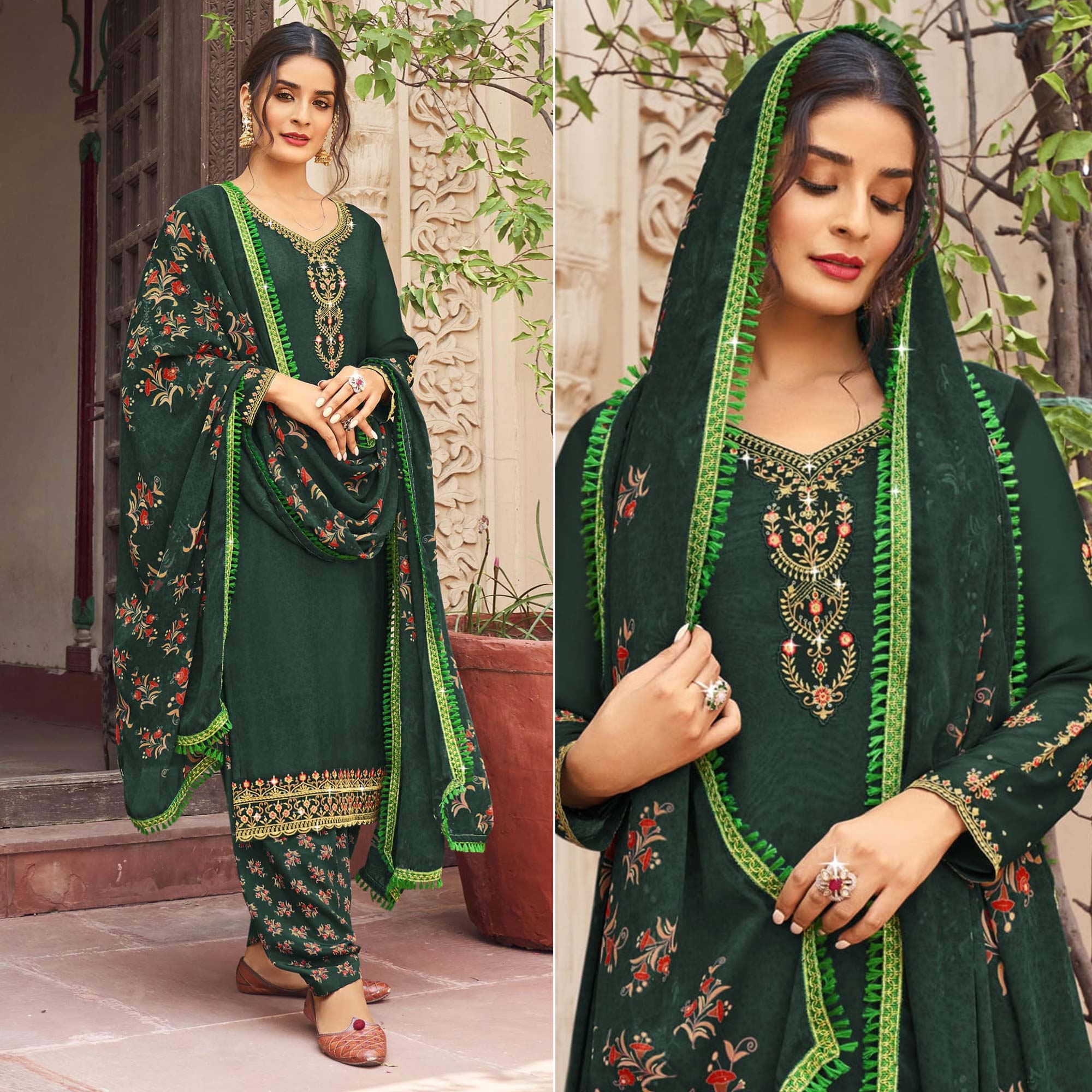 Green Floral Embroidered Crepe Patiala Suit