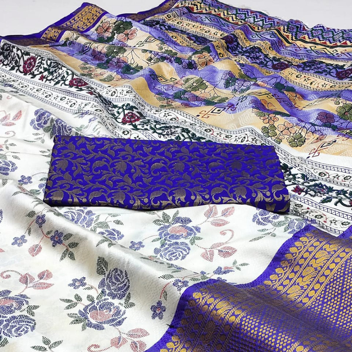 White And Royal Blue Floral Printed With Woven Cotton Silk Saree