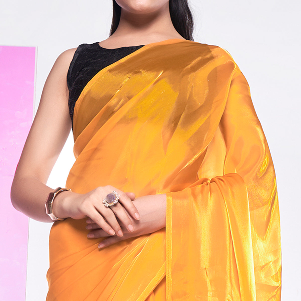 Mustard Solid Organza Saree With Tassels