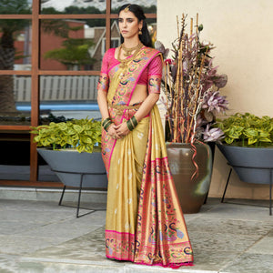 Beige Woven Kanjivaram Silk Paithani Saree With Tassels