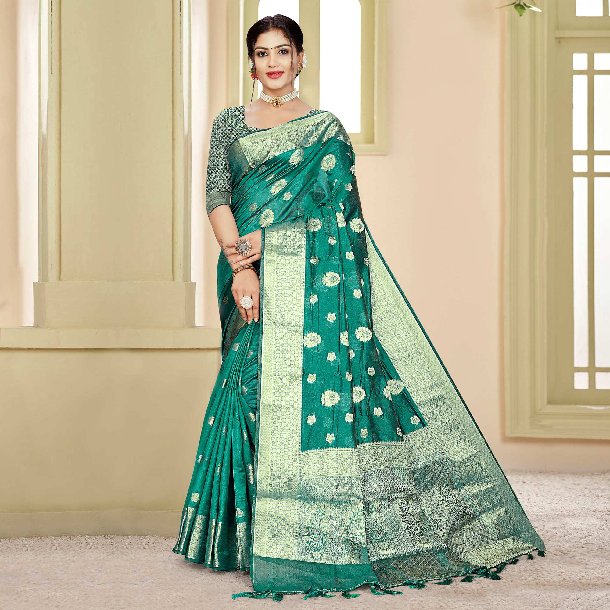 Green Floral Woven Organza Saree