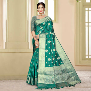 Green Floral Woven Organza Saree