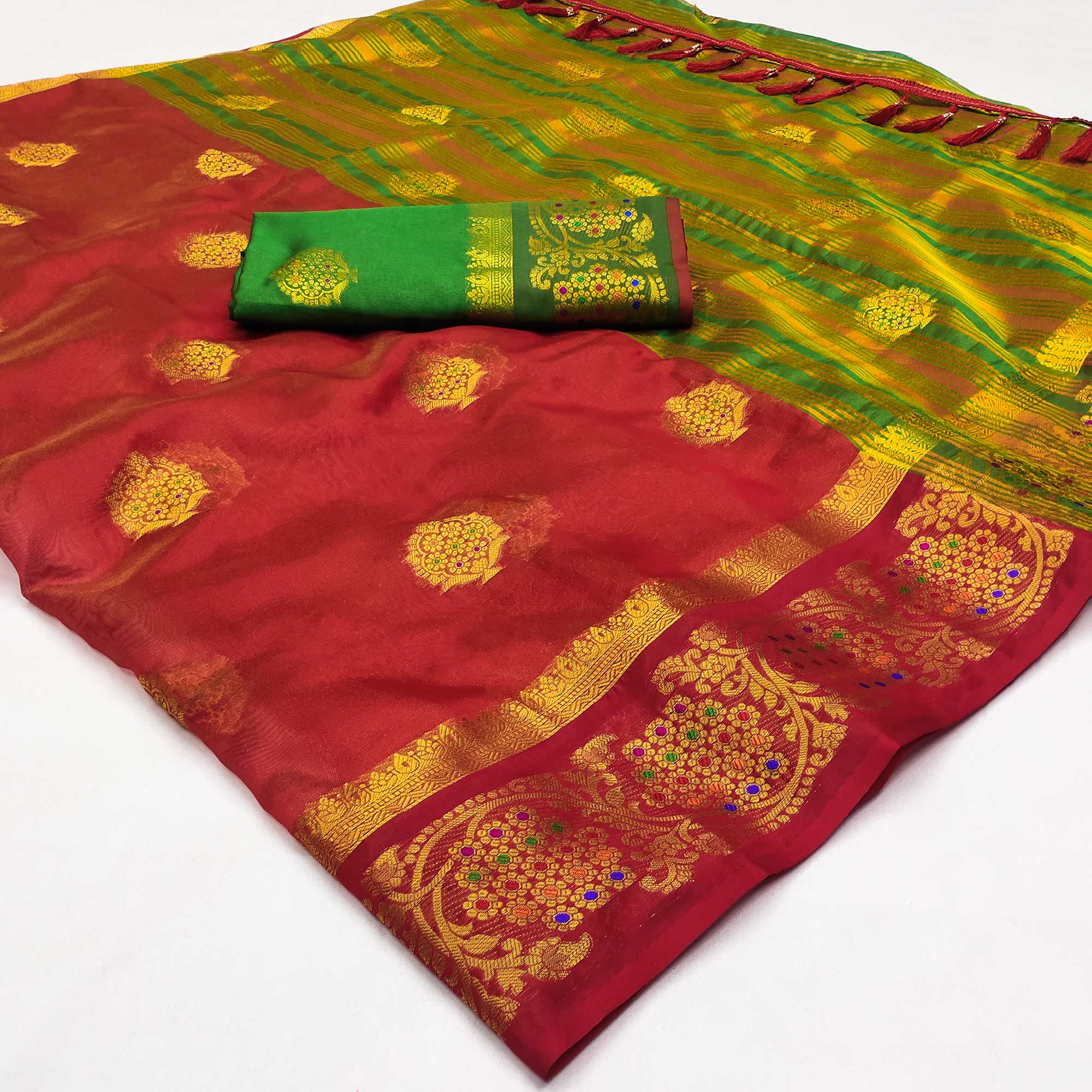 Red Floral Woven Organza Saree With Tassels