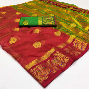 Red Floral Woven Organza Saree With Tassels