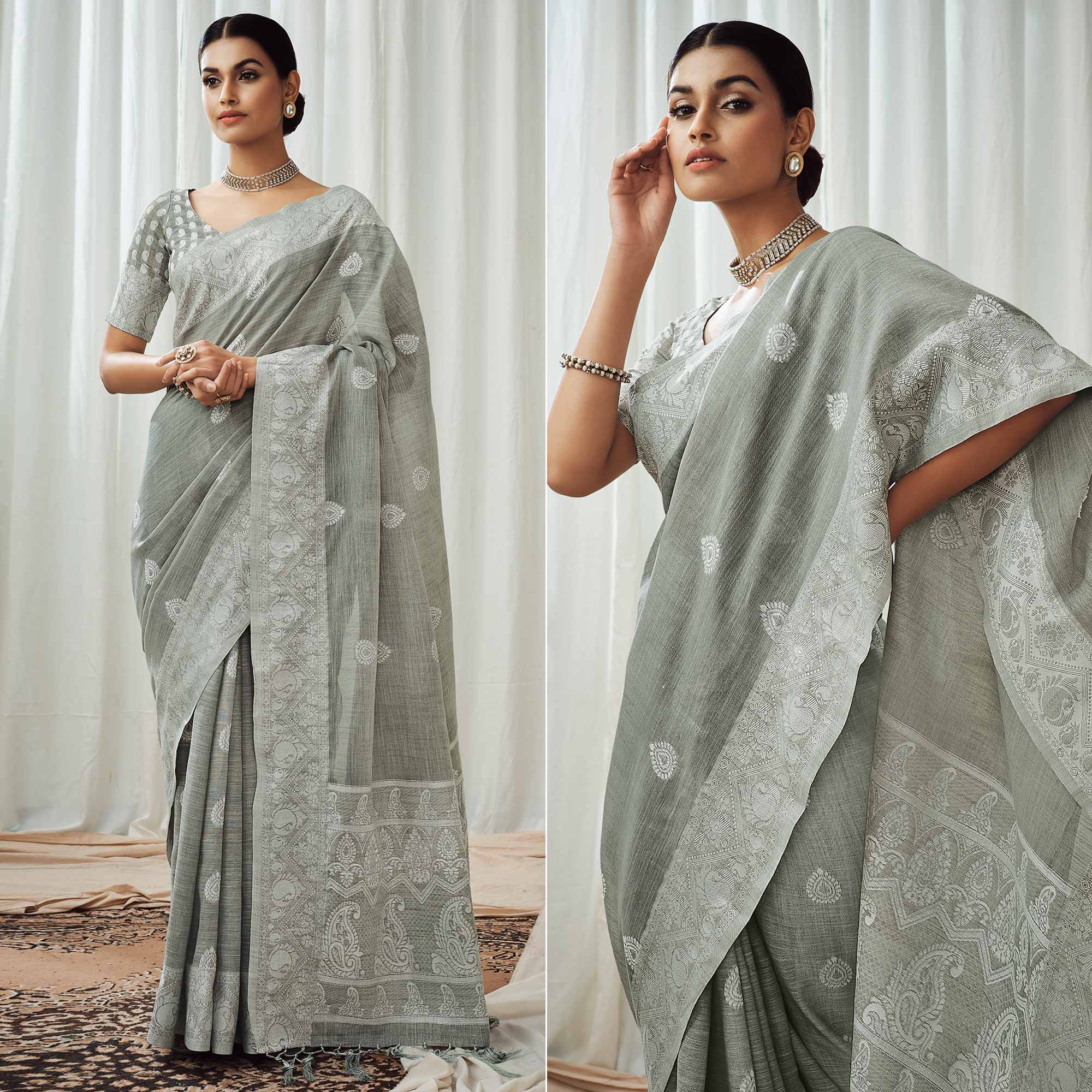 Grey Woven Linen Saree