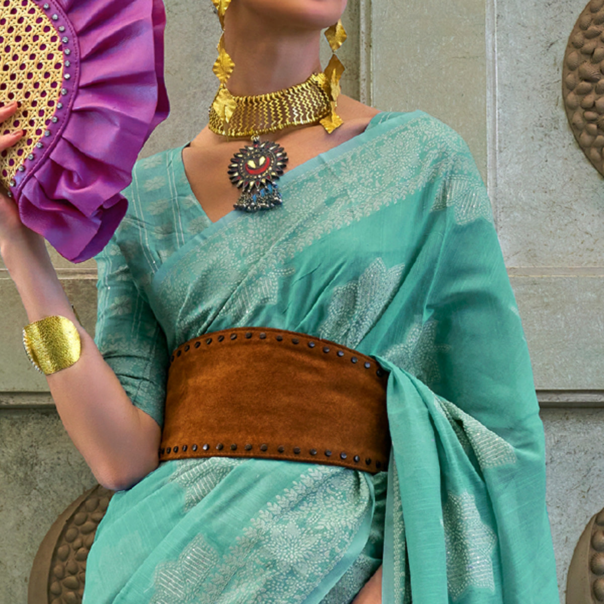 Sea Green Lucknowi & Sequins Embroidered Art Silk Saree