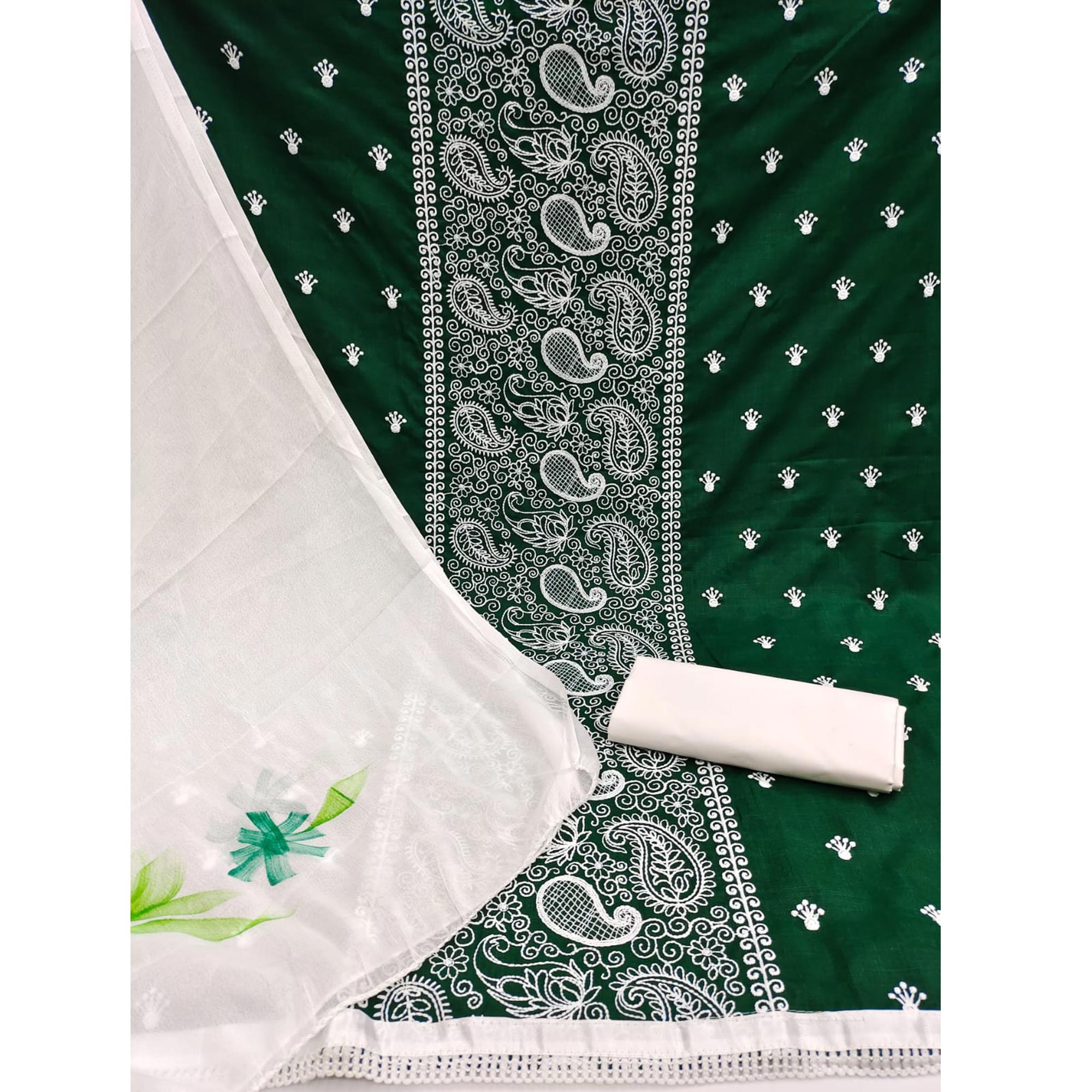 Green Embroidered Cotton Blend Dress Material