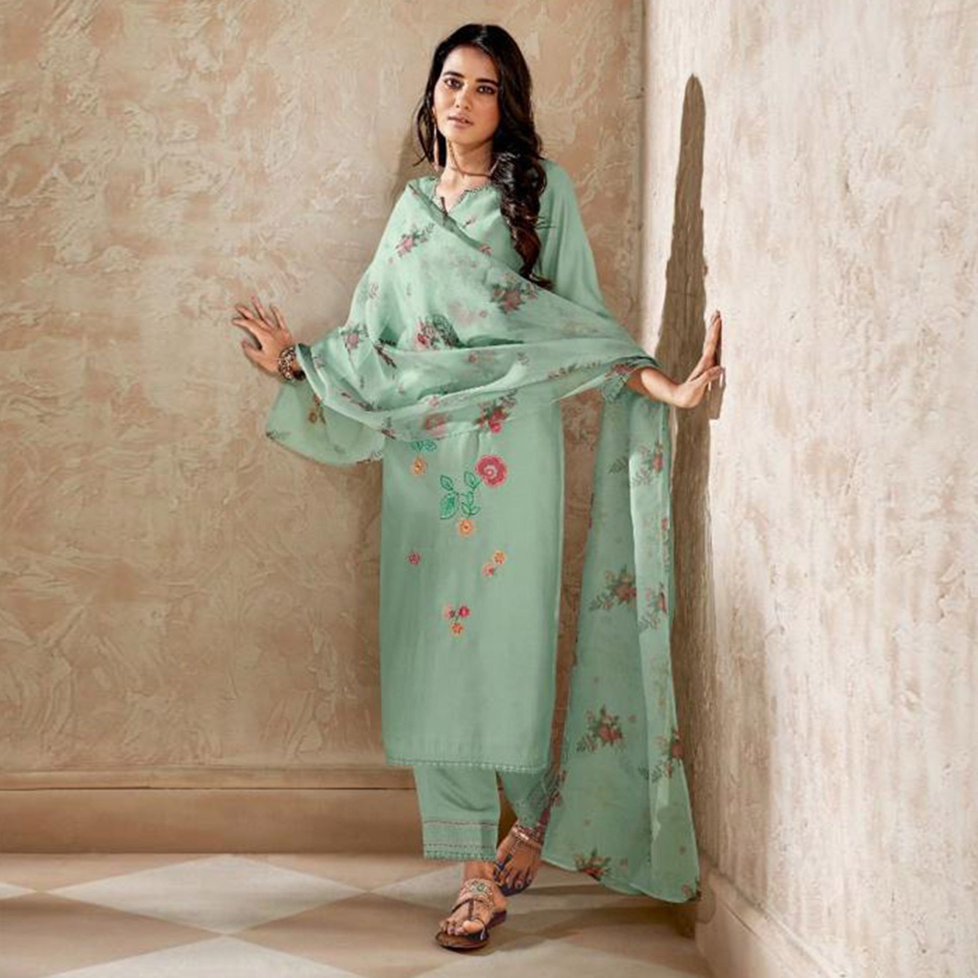 Sea Green Floral Embroidered Viscose Suit