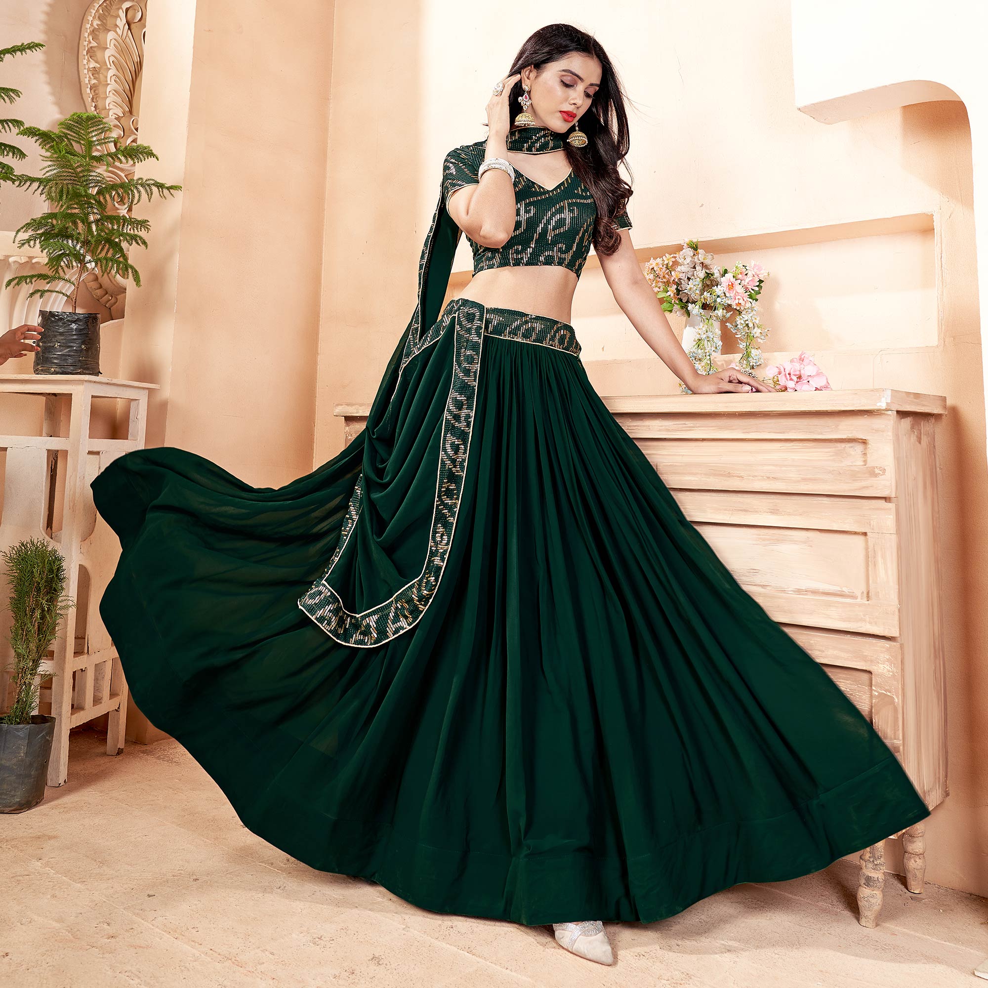 Dark Green Sequins Embroidered Georgette Lehenga Choli