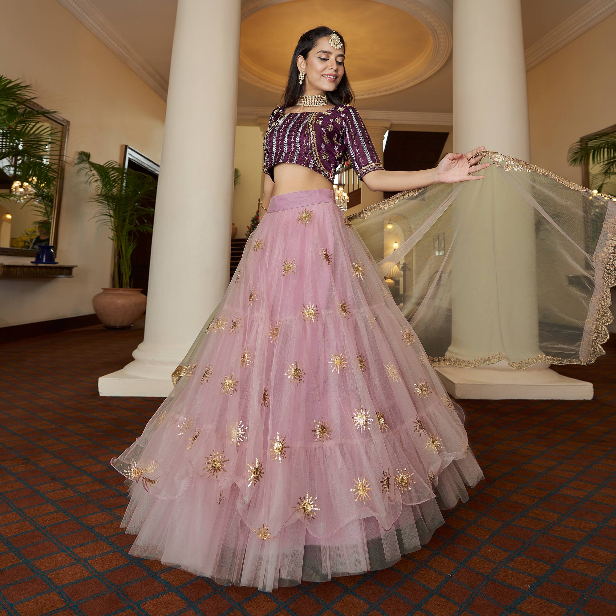 Light Purple Sequins Embroidered Netted Lehenga Choli