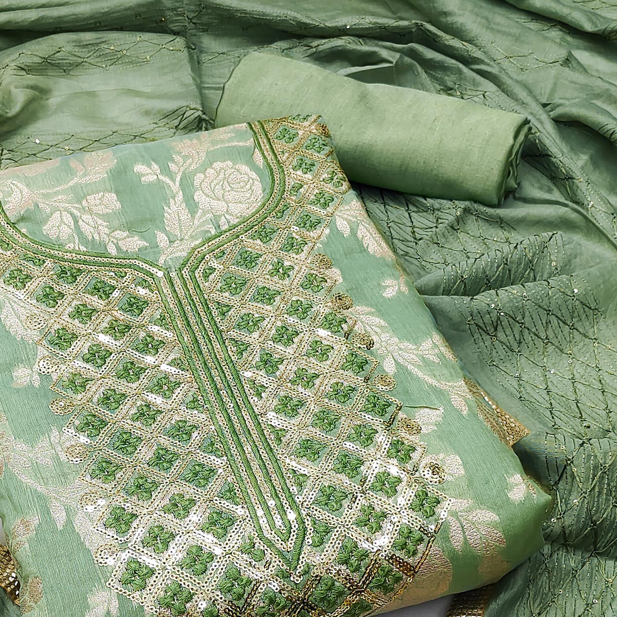 Green Woven With Sequins Work Modal Dress Material