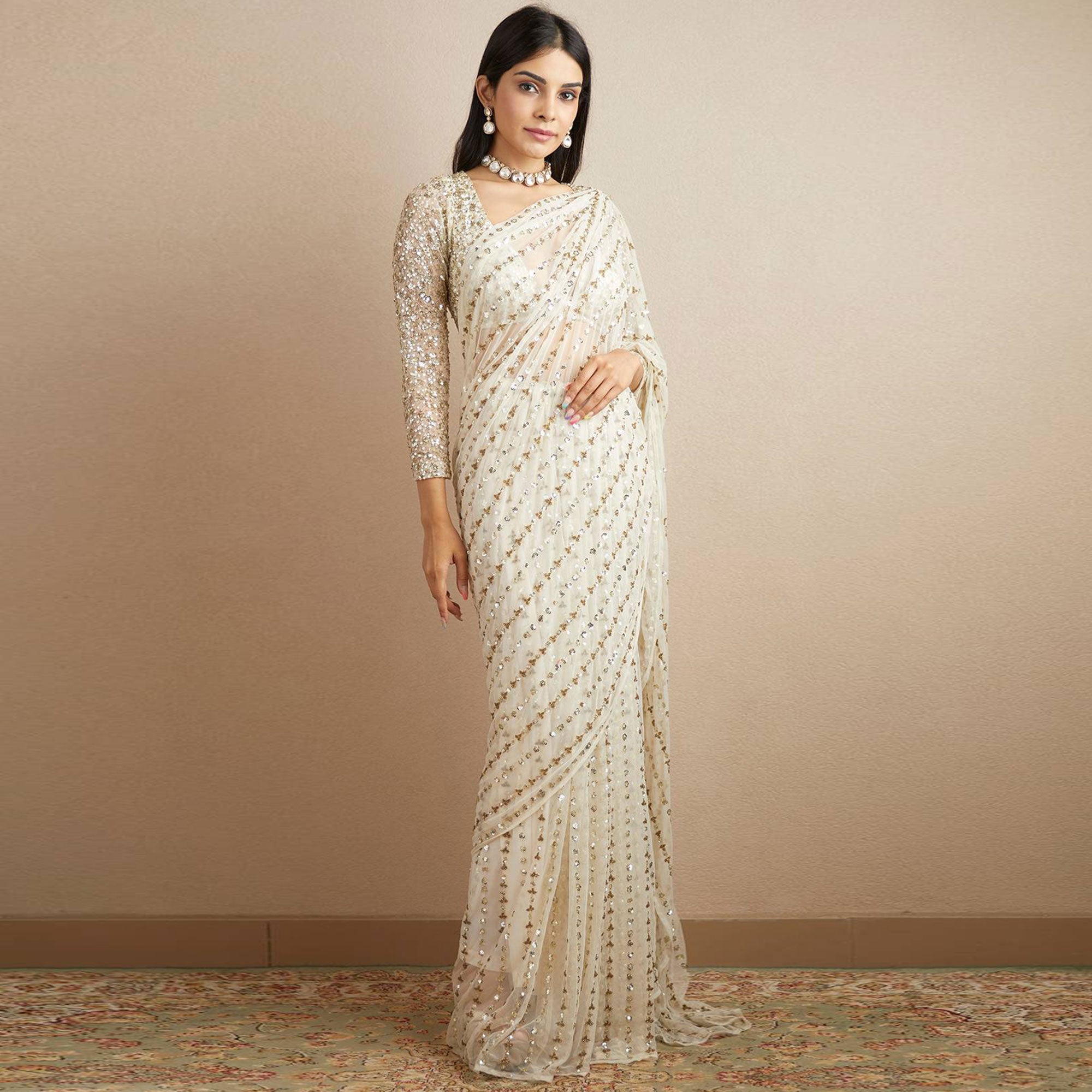 Offwhite Sequins Work Georgette Saree