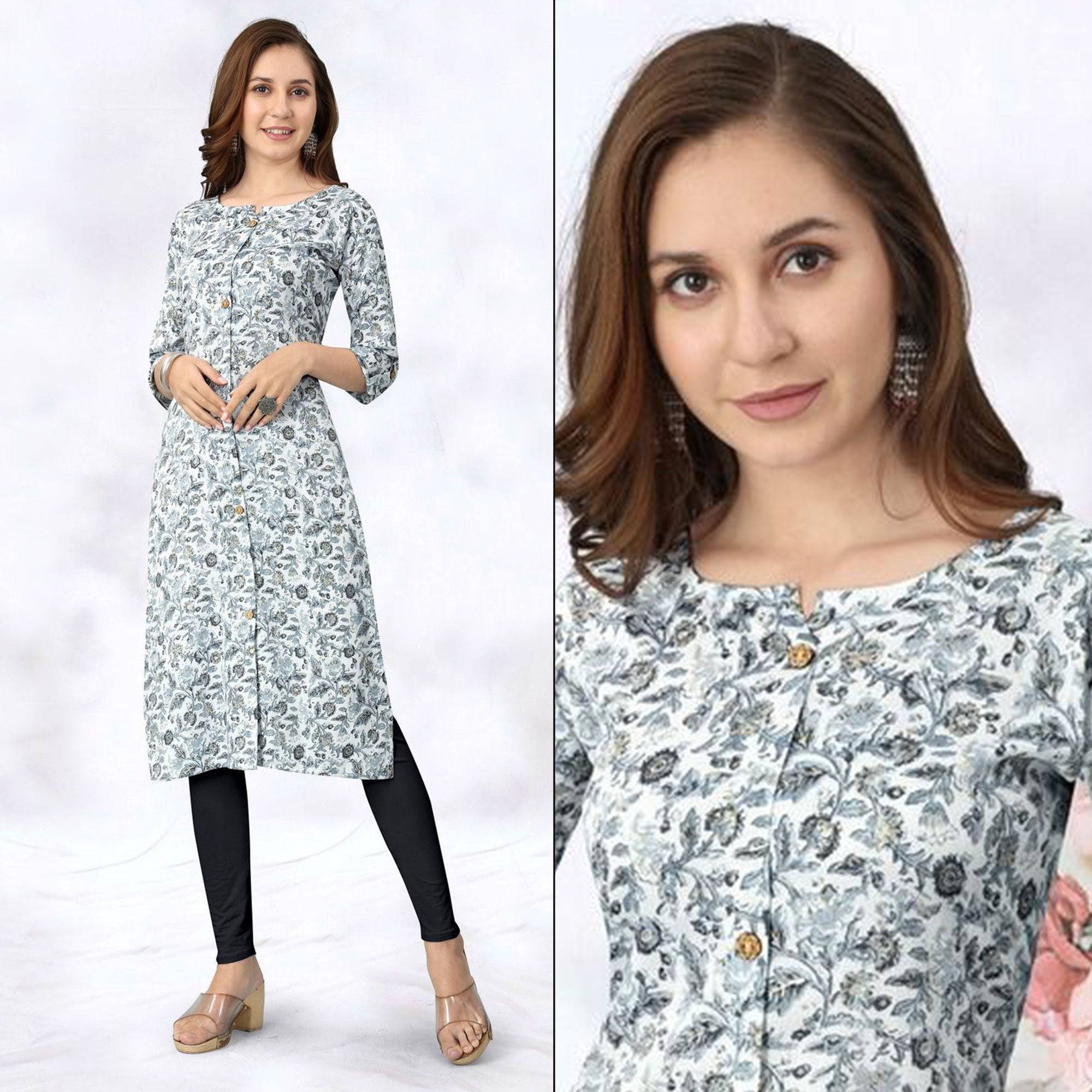 White & Grey Foil Printed Rayon Kurti
