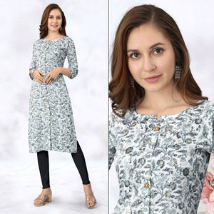 White & Grey Foil Printed Rayon Kurti