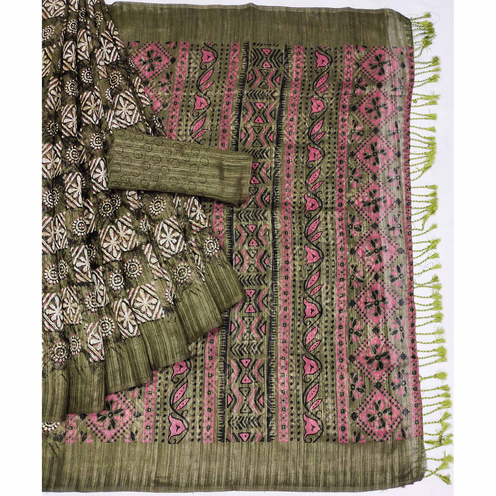 Green Floral Printed Art Silk Saree
