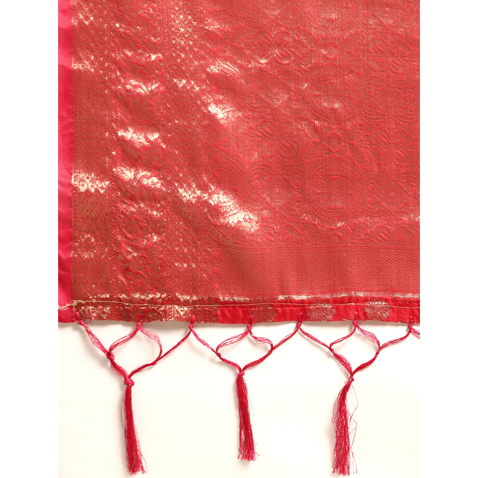Red Woven Organza Silk Saree With Tassels